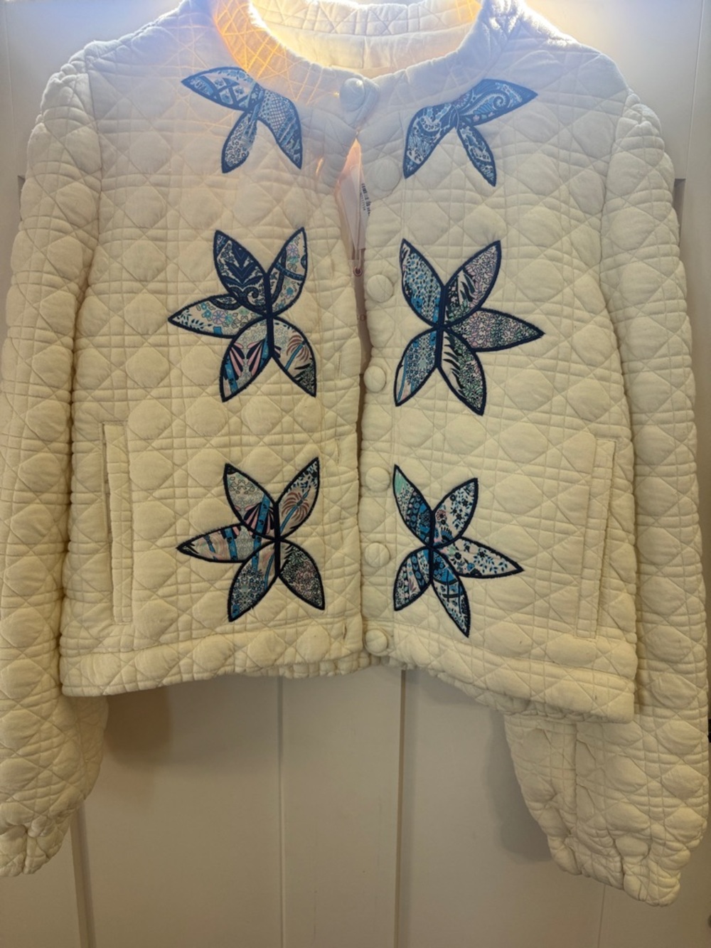 eesome Cream Quilted Jacket with Blue Floral Patchwork